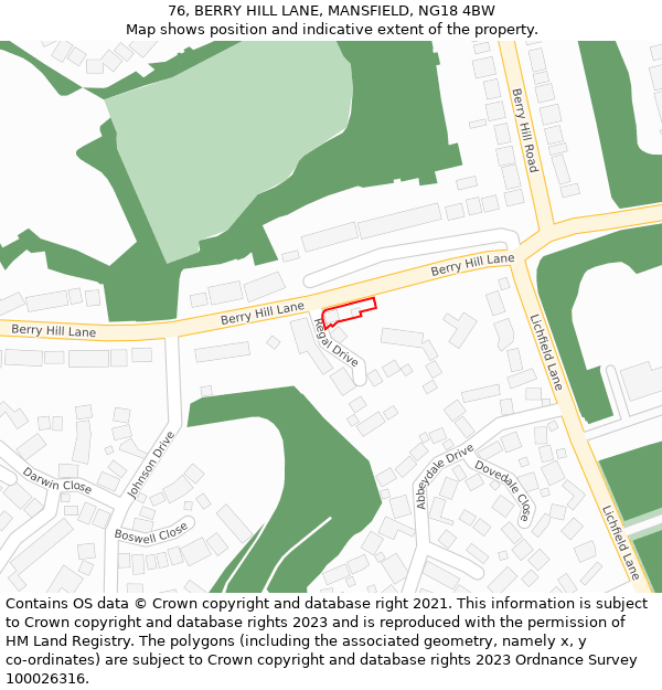 76, BERRY HILL LANE, MANSFIELD, NG18 4BW: Location map and indicative extent of plot