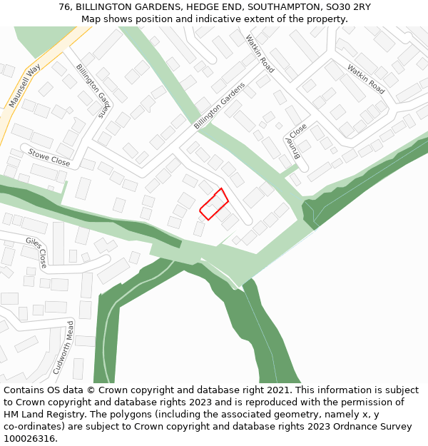 76, BILLINGTON GARDENS, HEDGE END, SOUTHAMPTON, SO30 2RY: Location map and indicative extent of plot