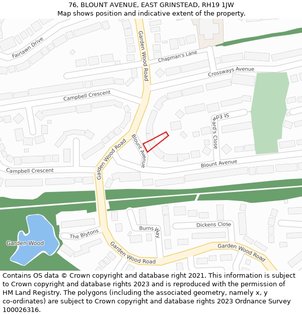 76, BLOUNT AVENUE, EAST GRINSTEAD, RH19 1JW: Location map and indicative extent of plot