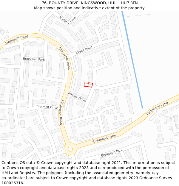 76, BOUNTY DRIVE, KINGSWOOD, HULL, HU7 3FN: Location map and indicative extent of plot