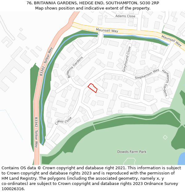 76, BRITANNIA GARDENS, HEDGE END, SOUTHAMPTON, SO30 2RP: Location map and indicative extent of plot