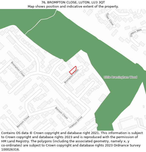 76, BROMPTON CLOSE, LUTON, LU3 3QT: Location map and indicative extent of plot