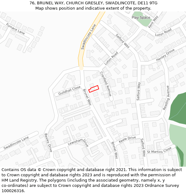 76, BRUNEL WAY, CHURCH GRESLEY, SWADLINCOTE, DE11 9TG: Location map and indicative extent of plot