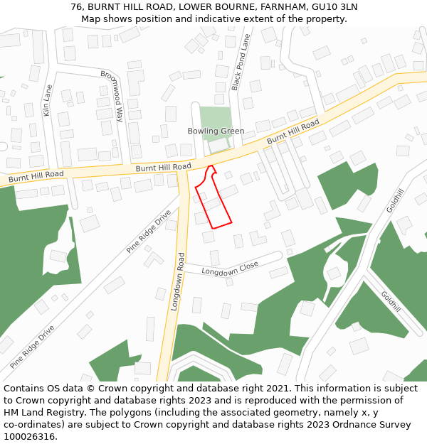 76, BURNT HILL ROAD, LOWER BOURNE, FARNHAM, GU10 3LN: Location map and indicative extent of plot