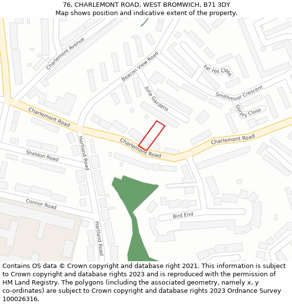 76, CHARLEMONT ROAD, WEST BROMWICH, B71 3DY: Location map and indicative extent of plot
