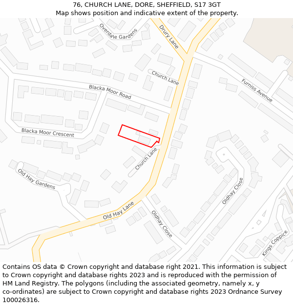 76, CHURCH LANE, DORE, SHEFFIELD, S17 3GT: Location map and indicative extent of plot