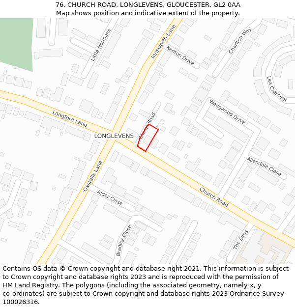 76, CHURCH ROAD, LONGLEVENS, GLOUCESTER, GL2 0AA: Location map and indicative extent of plot