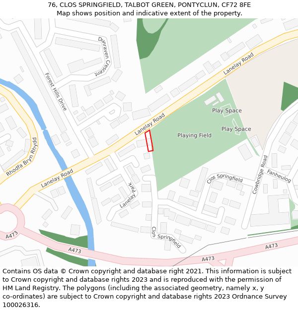 76, CLOS SPRINGFIELD, TALBOT GREEN, PONTYCLUN, CF72 8FE: Location map and indicative extent of plot