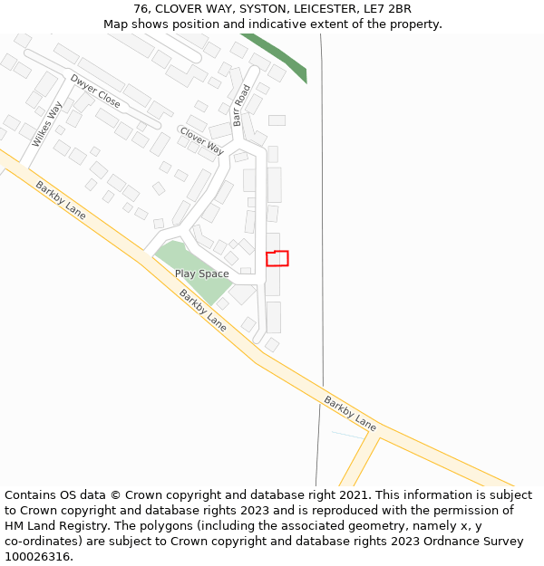 76, CLOVER WAY, SYSTON, LEICESTER, LE7 2BR: Location map and indicative extent of plot