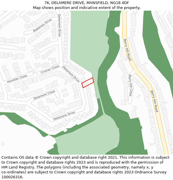 76, DELAMERE DRIVE, MANSFIELD, NG18 4DF: Location map and indicative extent of plot