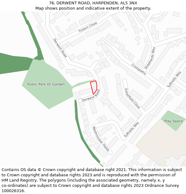 76, DERWENT ROAD, HARPENDEN, AL5 3NX: Location map and indicative extent of plot