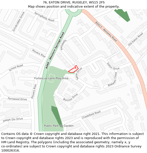 76, EATON DRIVE, RUGELEY, WS15 2FS: Location map and indicative extent of plot