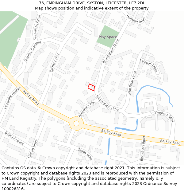 76, EMPINGHAM DRIVE, SYSTON, LEICESTER, LE7 2DL: Location map and indicative extent of plot