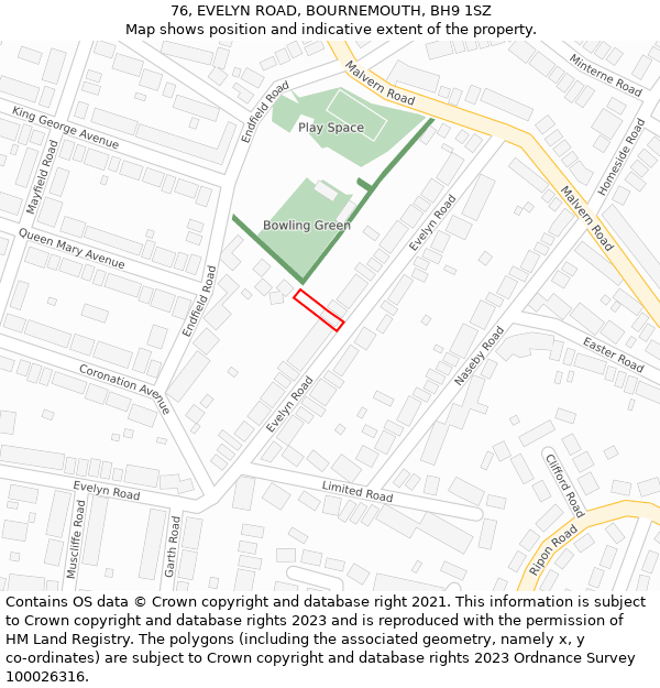 76, EVELYN ROAD, BOURNEMOUTH, BH9 1SZ: Location map and indicative extent of plot