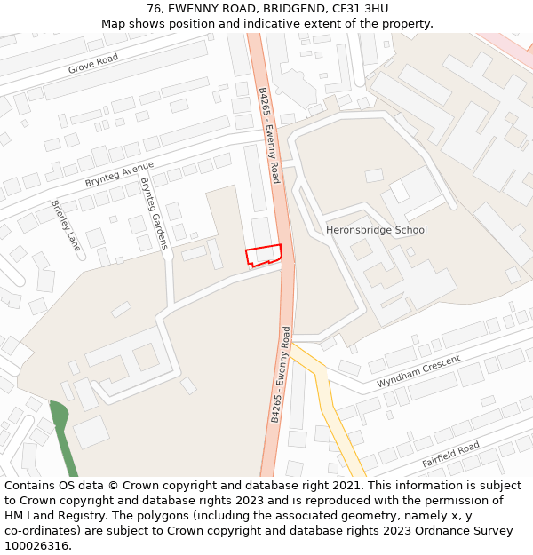 76, EWENNY ROAD, BRIDGEND, CF31 3HU: Location map and indicative extent of plot