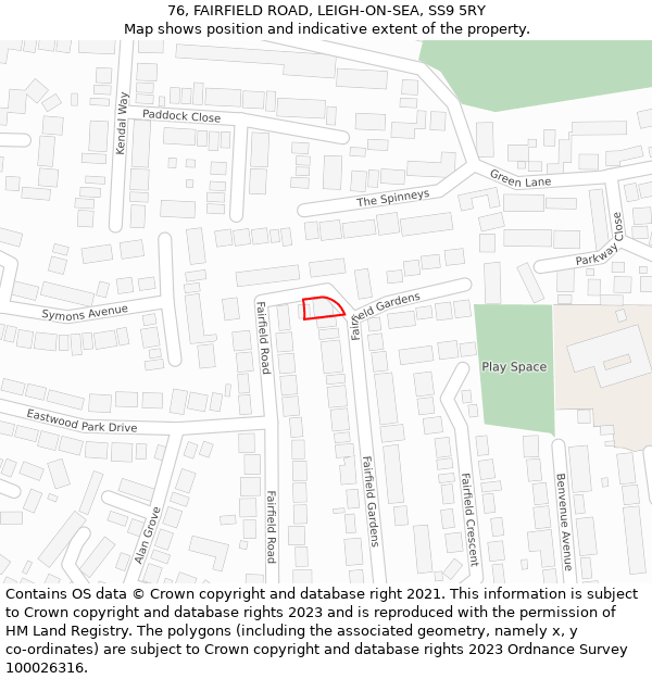 76, FAIRFIELD ROAD, LEIGH-ON-SEA, SS9 5RY: Location map and indicative extent of plot