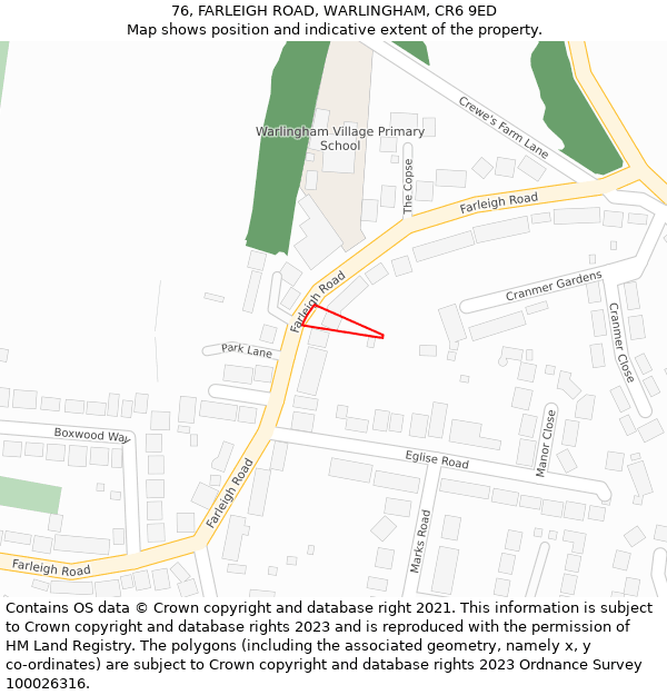 76, FARLEIGH ROAD, WARLINGHAM, CR6 9ED: Location map and indicative extent of plot