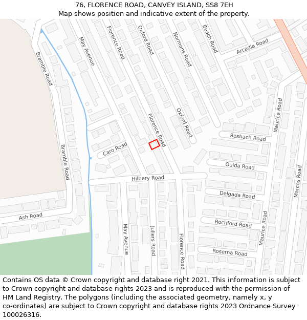 76, FLORENCE ROAD, CANVEY ISLAND, SS8 7EH: Location map and indicative extent of plot