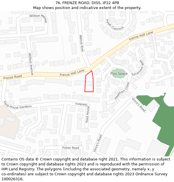 76, FRENZE ROAD, DISS, IP22 4PB: Location map and indicative extent of plot