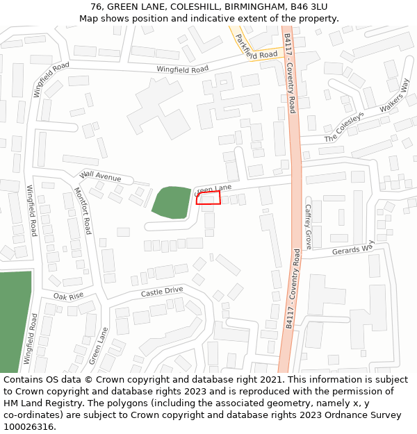 76, GREEN LANE, COLESHILL, BIRMINGHAM, B46 3LU: Location map and indicative extent of plot