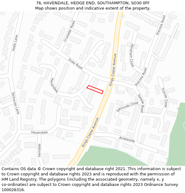 76, HAVENDALE, HEDGE END, SOUTHAMPTON, SO30 0FF: Location map and indicative extent of plot