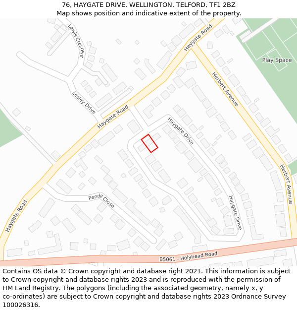 76, HAYGATE DRIVE, WELLINGTON, TELFORD, TF1 2BZ: Location map and indicative extent of plot