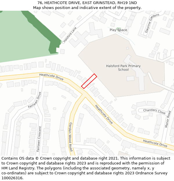 76, HEATHCOTE DRIVE, EAST GRINSTEAD, RH19 1ND: Location map and indicative extent of plot