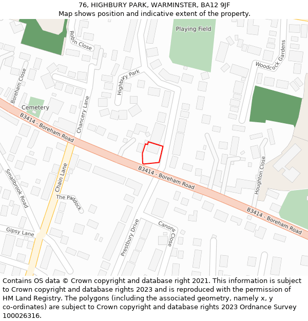 76, HIGHBURY PARK, WARMINSTER, BA12 9JF: Location map and indicative extent of plot