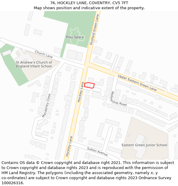 76, HOCKLEY LANE, COVENTRY, CV5 7FT: Location map and indicative extent of plot