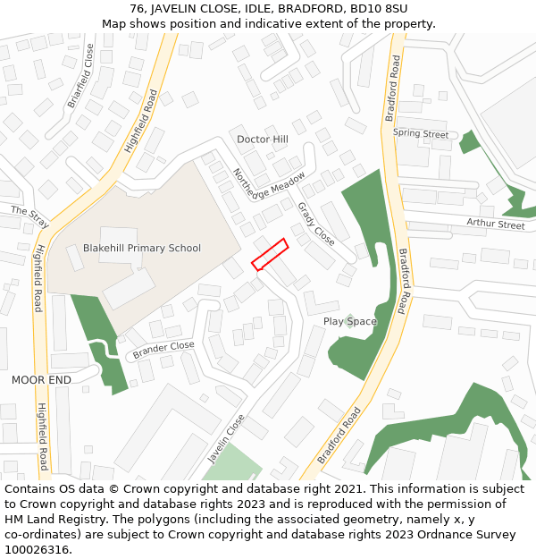 76, JAVELIN CLOSE, IDLE, BRADFORD, BD10 8SU: Location map and indicative extent of plot