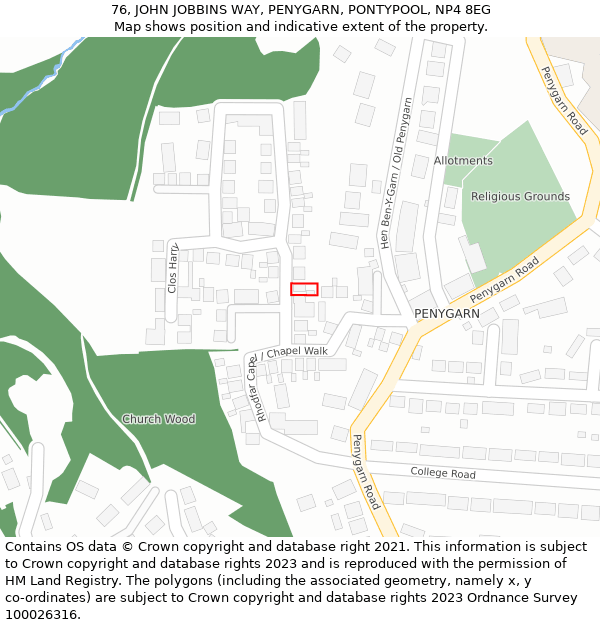 76, JOHN JOBBINS WAY, PENYGARN, PONTYPOOL, NP4 8EG: Location map and indicative extent of plot