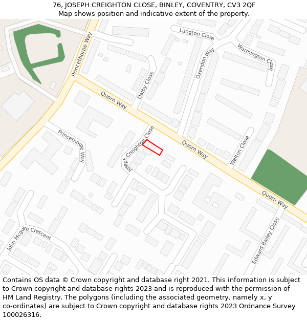 76, JOSEPH CREIGHTON CLOSE, BINLEY, COVENTRY, CV3 2QF: Location map and indicative extent of plot