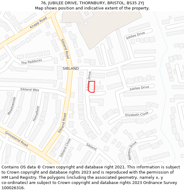 76, JUBILEE DRIVE, THORNBURY, BRISTOL, BS35 2YJ: Location map and indicative extent of plot