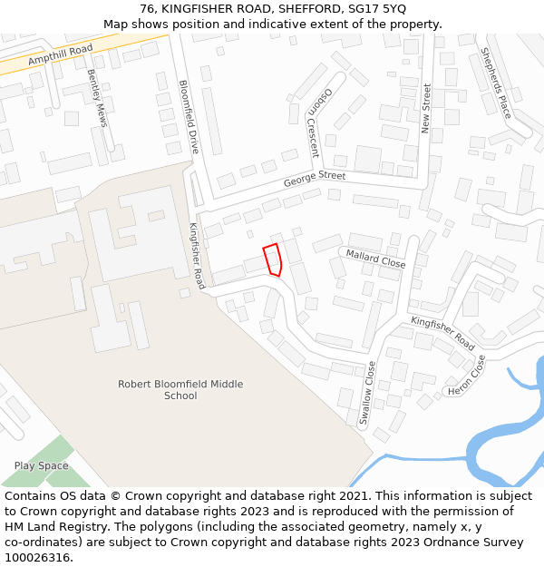 76, KINGFISHER ROAD, SHEFFORD, SG17 5YQ: Location map and indicative extent of plot