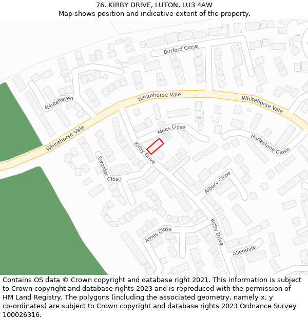 76, KIRBY DRIVE, LUTON, LU3 4AW: Location map and indicative extent of plot