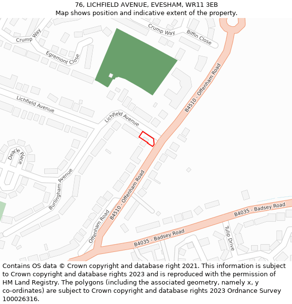 76, LICHFIELD AVENUE, EVESHAM, WR11 3EB: Location map and indicative extent of plot