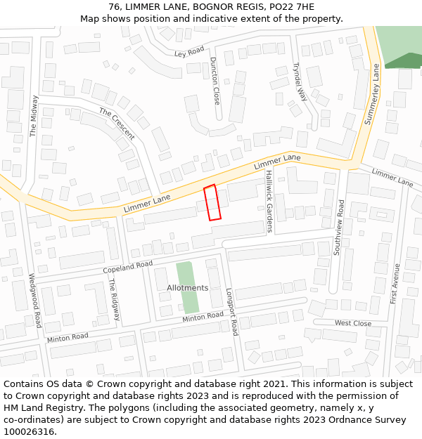 76, LIMMER LANE, BOGNOR REGIS, PO22 7HE: Location map and indicative extent of plot