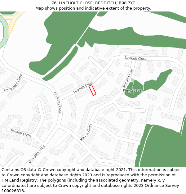 76, LINEHOLT CLOSE, REDDITCH, B98 7YT: Location map and indicative extent of plot