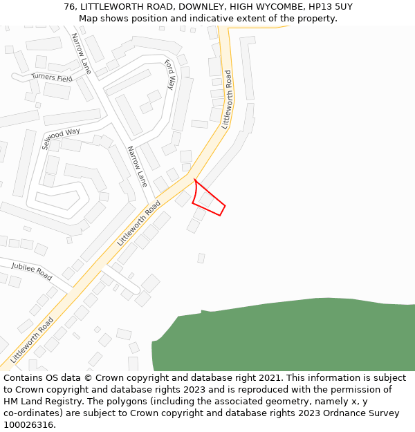 76, LITTLEWORTH ROAD, DOWNLEY, HIGH WYCOMBE, HP13 5UY: Location map and indicative extent of plot