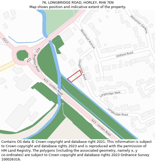 76, LONGBRIDGE ROAD, HORLEY, RH6 7EN: Location map and indicative extent of plot
