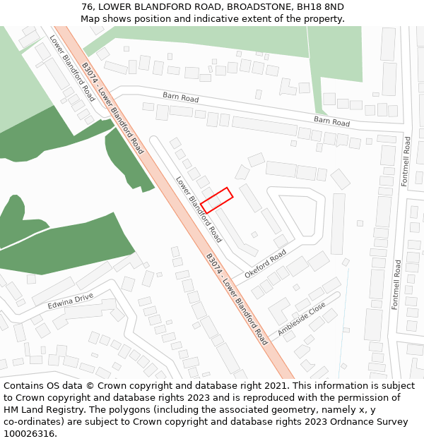 76, LOWER BLANDFORD ROAD, BROADSTONE, BH18 8ND: Location map and indicative extent of plot