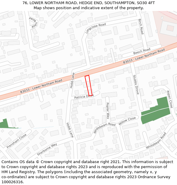 76, LOWER NORTHAM ROAD, HEDGE END, SOUTHAMPTON, SO30 4FT: Location map and indicative extent of plot