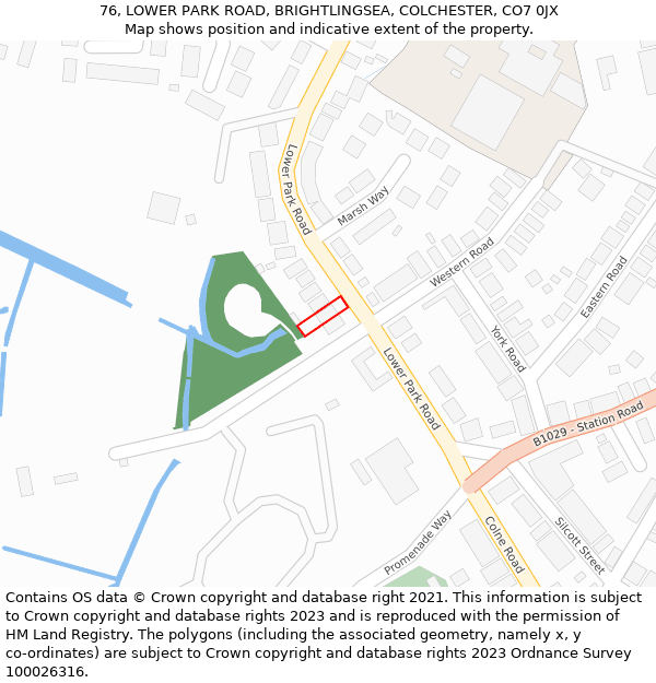 76, LOWER PARK ROAD, BRIGHTLINGSEA, COLCHESTER, CO7 0JX: Location map and indicative extent of plot