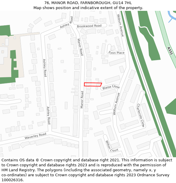 76, MANOR ROAD, FARNBOROUGH, GU14 7HL: Location map and indicative extent of plot