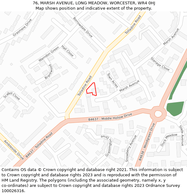 76, MARSH AVENUE, LONG MEADOW, WORCESTER, WR4 0HJ: Location map and indicative extent of plot