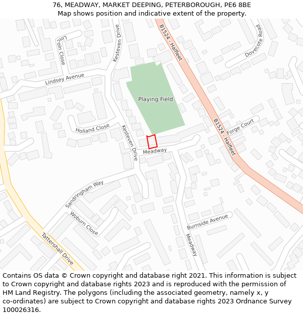 76, MEADWAY, MARKET DEEPING, PETERBOROUGH, PE6 8BE: Location map and indicative extent of plot