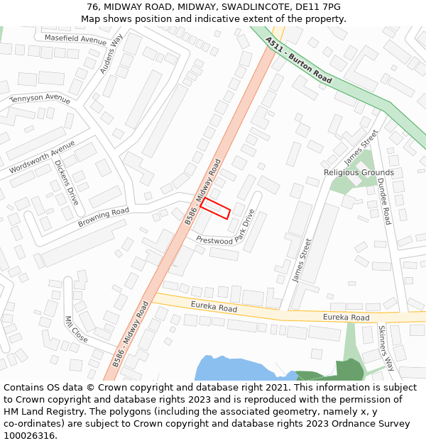 76, MIDWAY ROAD, MIDWAY, SWADLINCOTE, DE11 7PG: Location map and indicative extent of plot