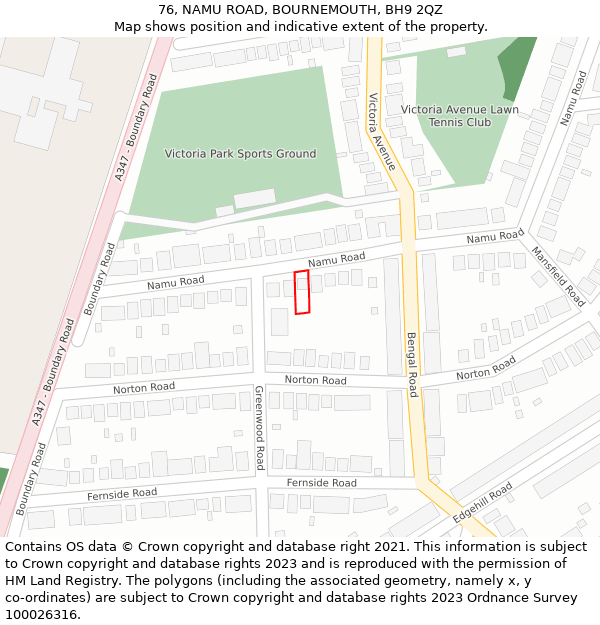 76, NAMU ROAD, BOURNEMOUTH, BH9 2QZ: Location map and indicative extent of plot