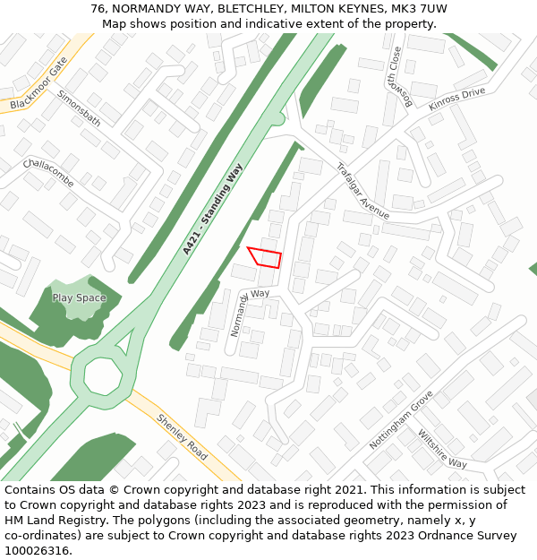 76, NORMANDY WAY, BLETCHLEY, MILTON KEYNES, MK3 7UW: Location map and indicative extent of plot