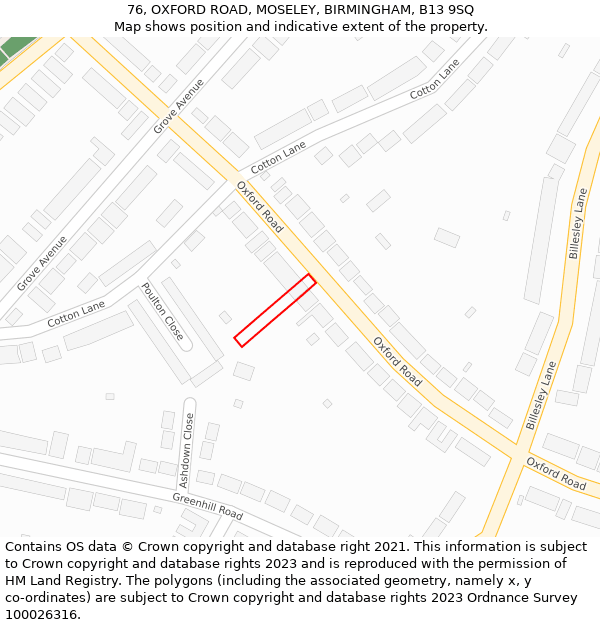 76, OXFORD ROAD, MOSELEY, BIRMINGHAM, B13 9SQ: Location map and indicative extent of plot